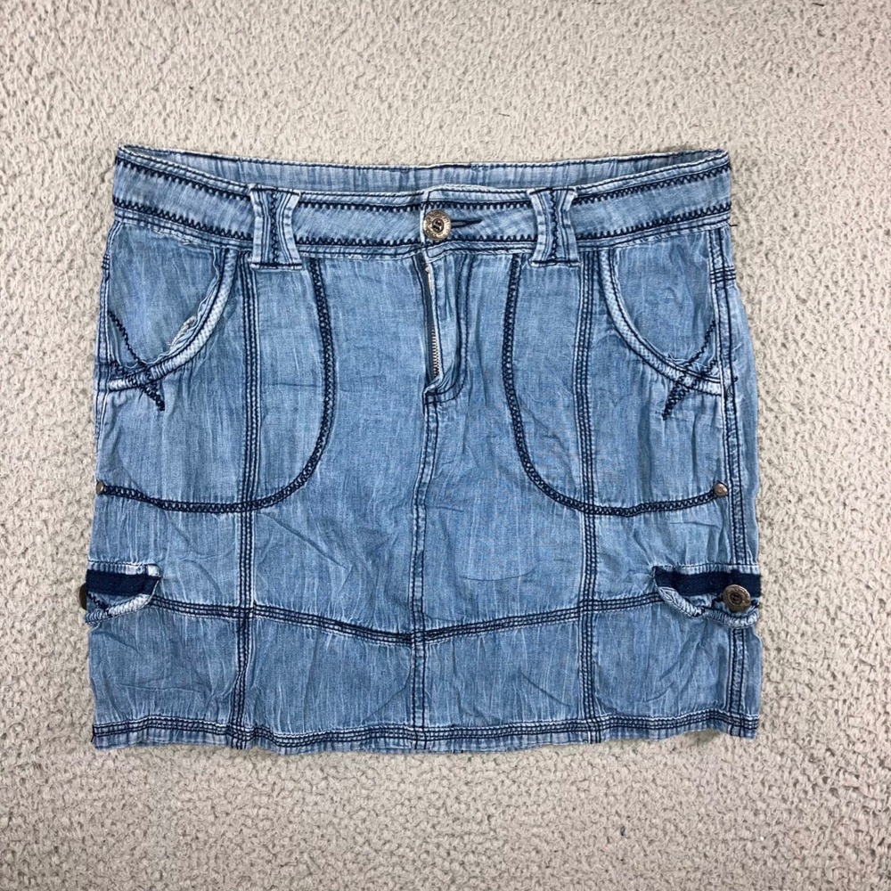 Vtg Denim Mini Skirt Women 32 Blue Contrast Stitch Paneled Y2K Boho 90s Festival